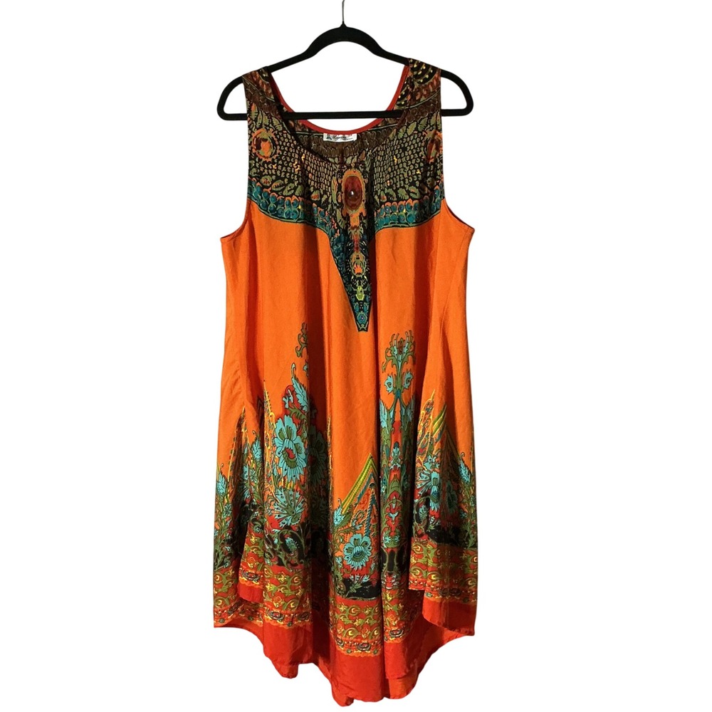 Lapogee Women Bohemian 2X Orange Boho Paisley Floral Sleeveless Tunic Dress